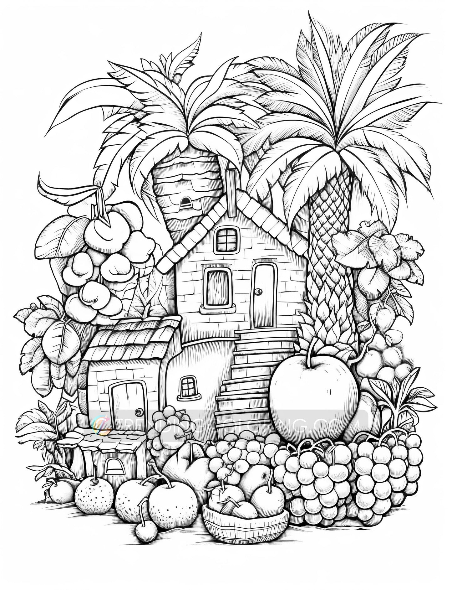 50 Fantasy Fruit House Coloring Pages - Instant Download - Printable PDF