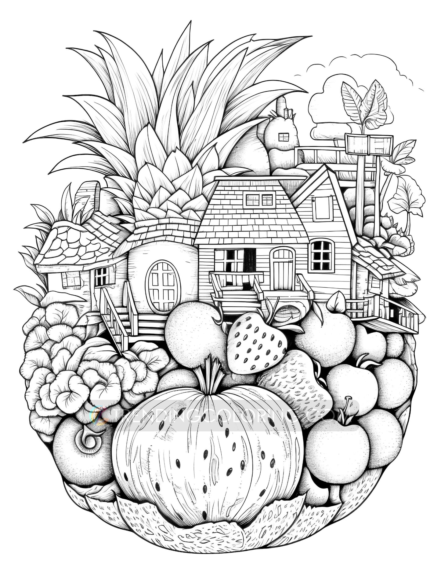 50 Fantasy Fruit House Coloring Pages - Instant Download - Printable PDF