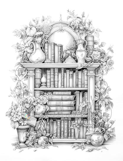 50 For Book Lover Grayscale Coloring Pages - Instant Download - Printable PDF Dark/Light