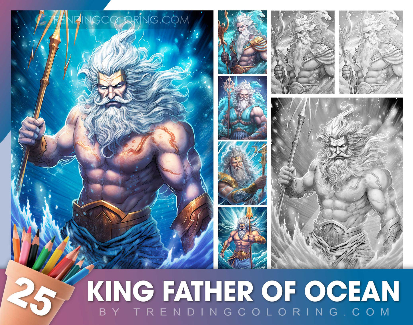 25 King Father Of Ocean Grayscale Coloring Pages - Instant Download - Printable PDF Dark/Light