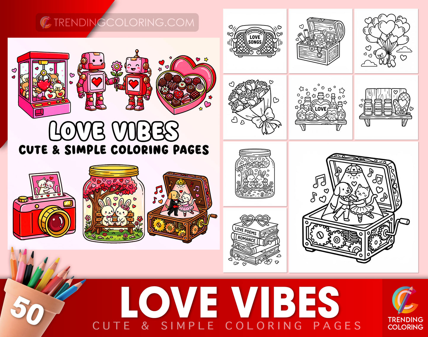50 Love Vibes Cute and Simple Coloring Pages - PDF Download