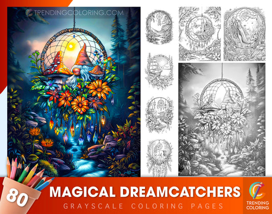 80 Magical Dreamcatchers Grayscale Coloring Pages - Instant Download - Printable PDF Dark/Light