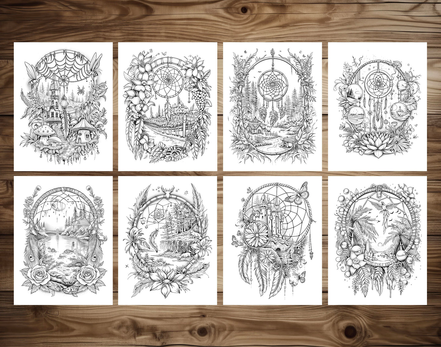 80 Magical Dreamcatchers Grayscale Coloring Pages - Instant Download - Printable PDF Dark/Light
