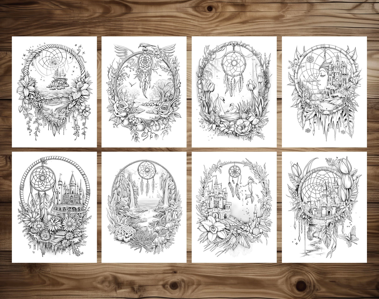 80 Magical Dreamcatchers Grayscale Coloring Pages - Instant Download - Printable PDF Dark/Light