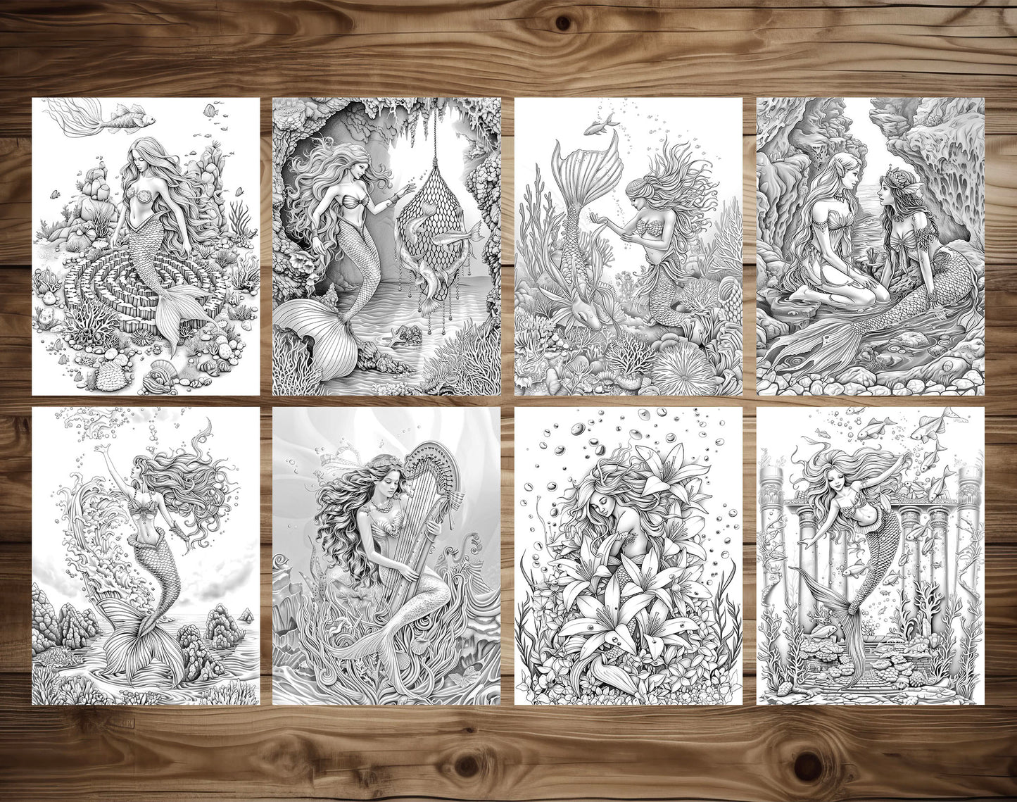 85 Magical Mermaids Grayscale Coloring Pages - Instant Download - Printable PDF Dark/Light