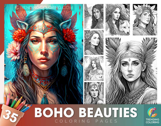 35 Boho Beauties Grayscale Coloring Pages - Instant Download - Printable