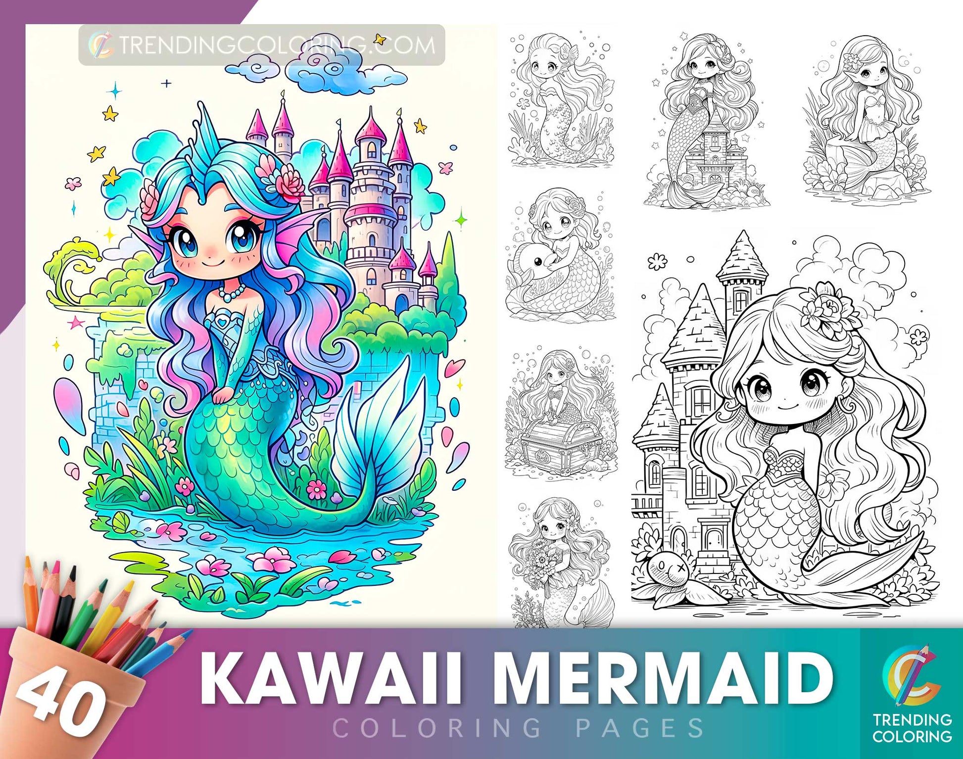 40 Kawaii Mermaid Coloring Pages - Instant Download - Printable