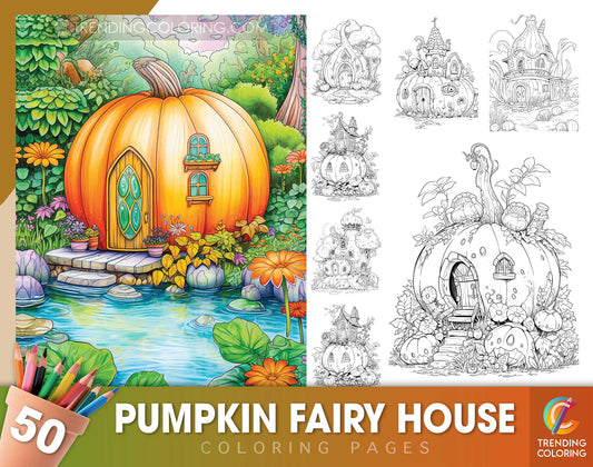 50 Pumpkin Fairy House Coloring Pages - Instant Download - Printable