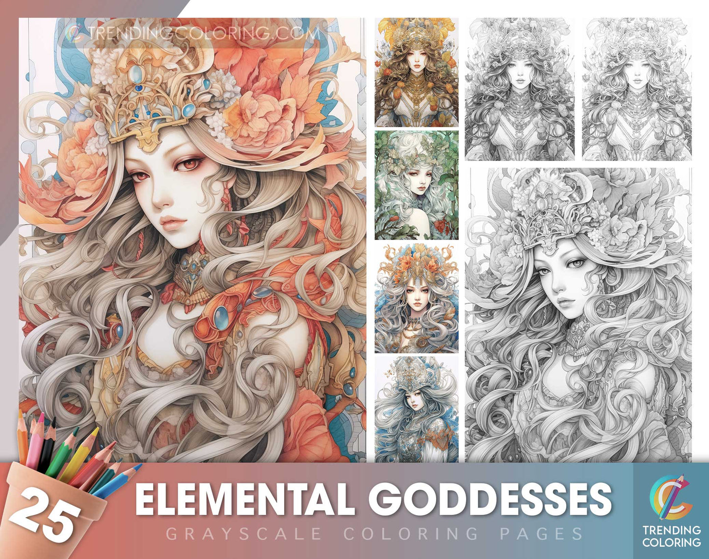 25 Elemental Goddesses Grayscale Coloring Pages - Instant Download - Printable Dark/Light