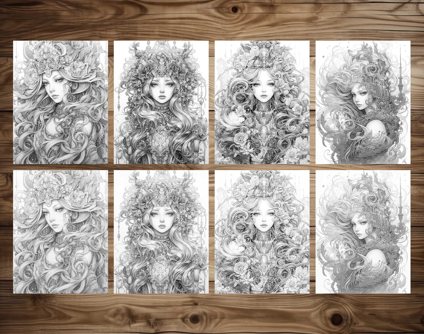 25 Elemental Goddesses Grayscale Coloring Pages - Instant Download - Printable PDF Dark/Light