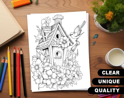 25 Floral Birdhouses Grayscale Coloring Pages - Instant Download - Printable PDF Dark/Light