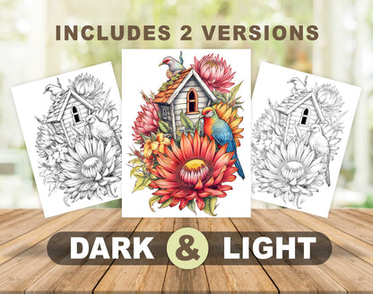 25 Floral Birdhouses Grayscale Coloring Pages - Instant Download - Printable PDF Dark/Light