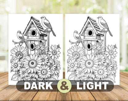 25 Floral Birdhouses Grayscale Coloring Pages - Instant Download - Printable PDF Dark/Light