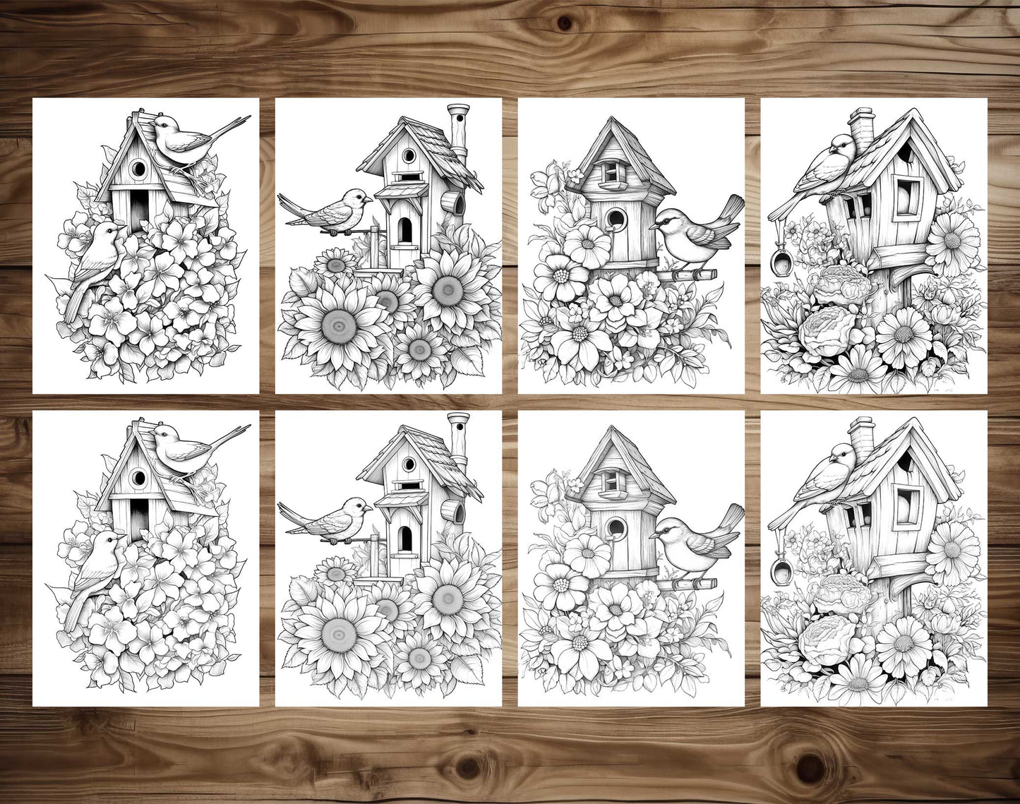 25 Floral Birdhouses Grayscale Coloring Pages - Instant Download - Printable PDF Dark/Light