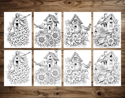 25 Floral Birdhouses Grayscale Coloring Pages - Instant Download - Printable PDF Dark/Light