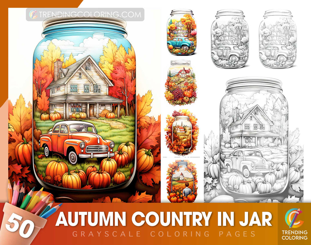 50 Autumn Country In Jar Grayscale Coloring Pages - Instant Download - Printable Dark/Light PDF