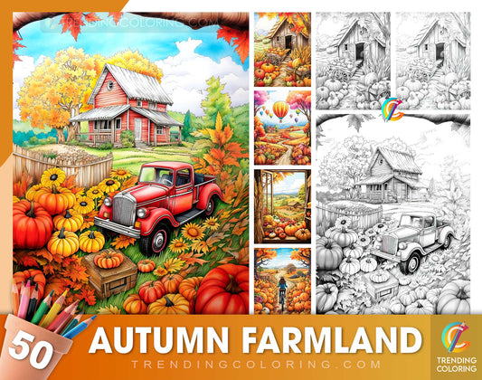 50 Autumn Farmland Grayscale Coloring Pages