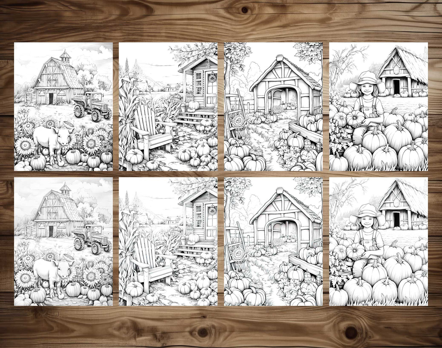 50 Autumn Farmland Grayscale Coloring Pages - Instant Download - Printable PDF Dark/Light