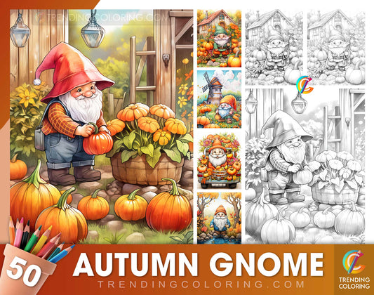 50 Autumn Gnome Grayscale Coloring Pages - Instant Download - Printable Dark/Light