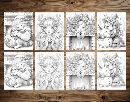 50 Christmas Darlings Grayscale Coloring Pages - Instant Download - Printable PDF Dark/Light