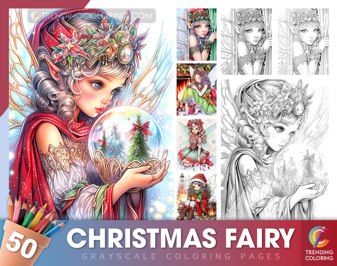 50 Christmas Fairy Grayscale Coloring Pages - Instant Download - Printable Dark/Light