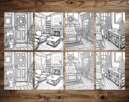 50 Christmas House Interior Grayscale Coloring Pages - Instant Download - Printable PDF Dark/Light