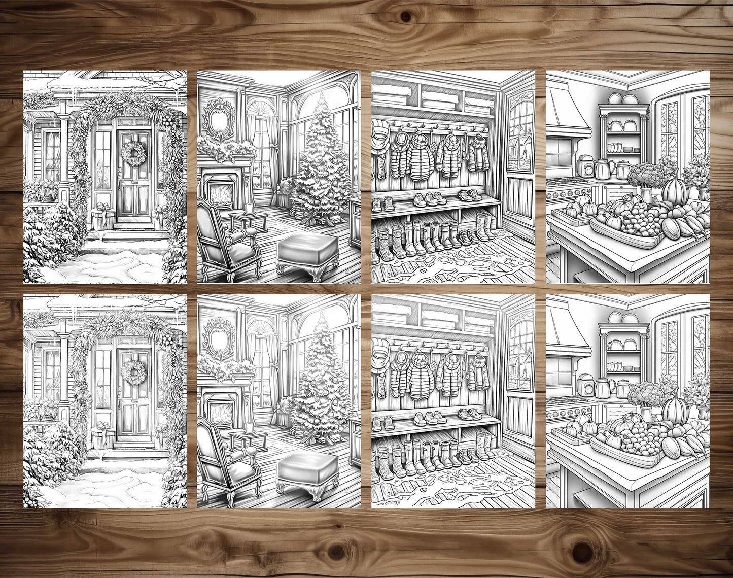 50 Christmas House Interior Grayscale Coloring Pages - Instant Download - Printable Dark/Light