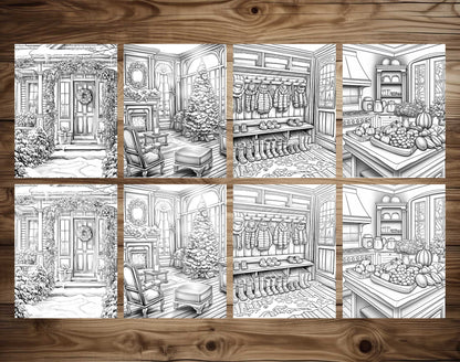 50 Christmas House Interior Grayscale Coloring Pages - Instant Download - Printable PDF Dark/Light