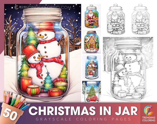 50 Christmas In Jar Grayscale Coloring Pages - Instant Download - Printable Dark/Light PDF