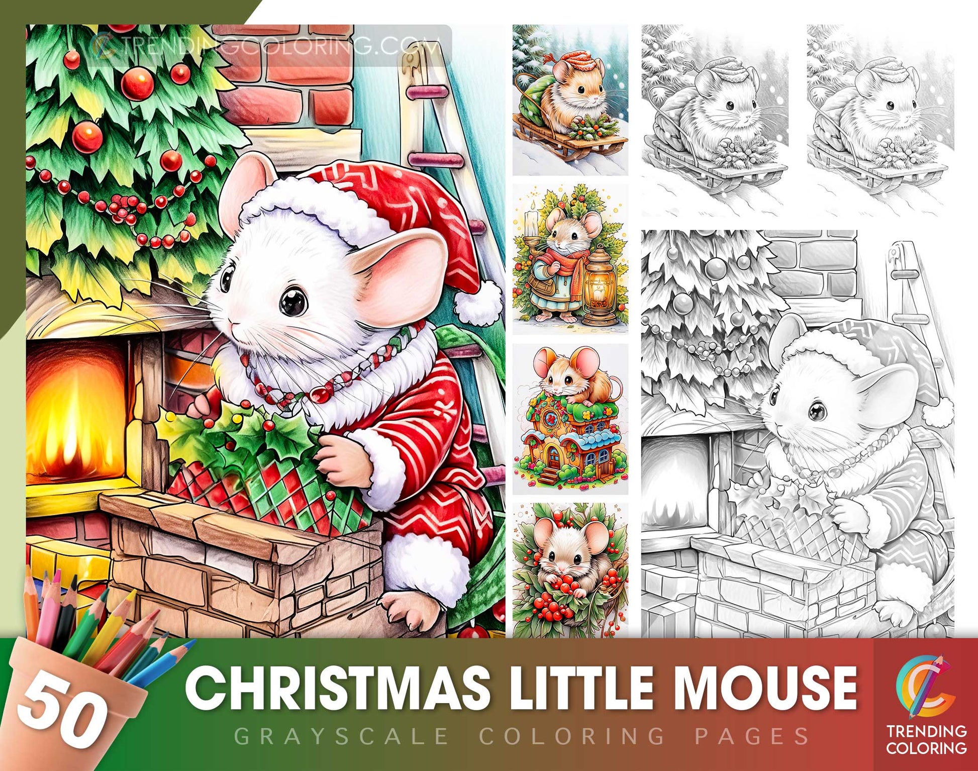 50 Christmas Little Mouse Grayscale Coloring Pages - Instant Download - Printable Dark/Light PDF