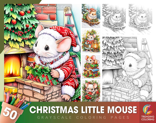 50 Christmas Little Mouse Grayscale Coloring Pages - Instant Download - Printable Dark/Light PDF
