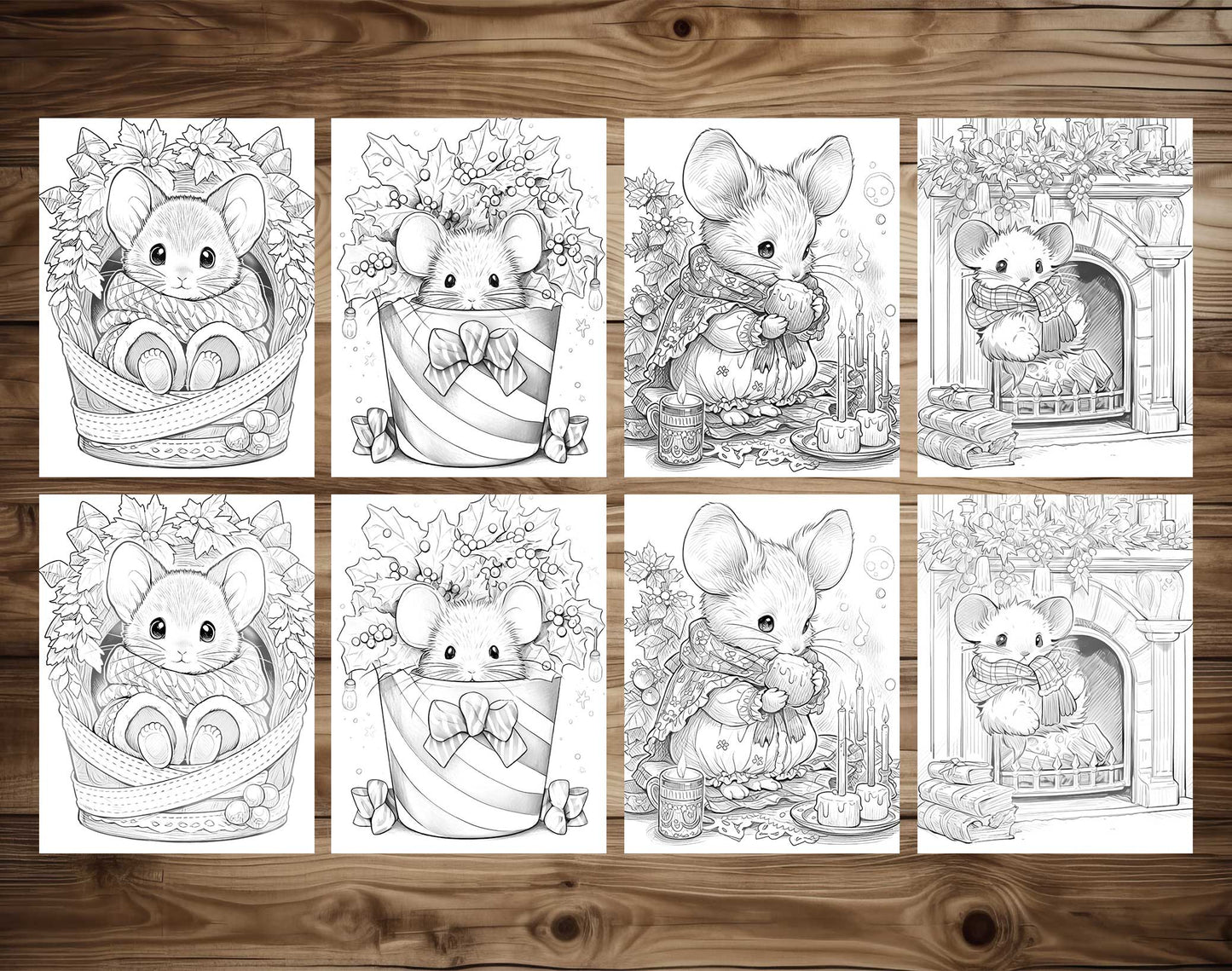 50 Christmas Little Mouse Grayscale Coloring Pages - Instant Download - Printable PDF Dark/Light