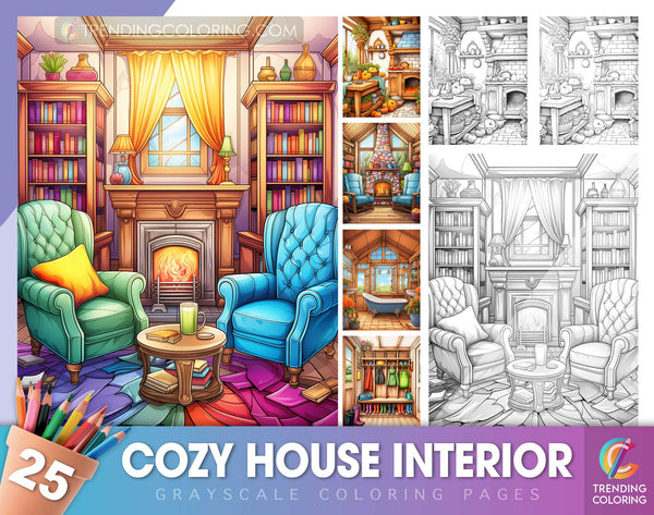 25 Cozy House Interior Grayscale Coloring Pages - Instant Download - Printable Dark/Light PDF