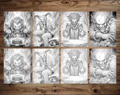 25 Teufelsclowns Graustufen Malvorlagen - Halloween Ausmalen - Sofortiger Download - Druckbare PDF Dunkel/Hell