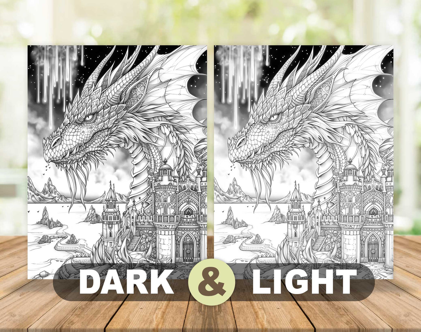 50 Dragon Castle Grayscale Coloring Pages - Instant Download - Printable PDF Dark/Light