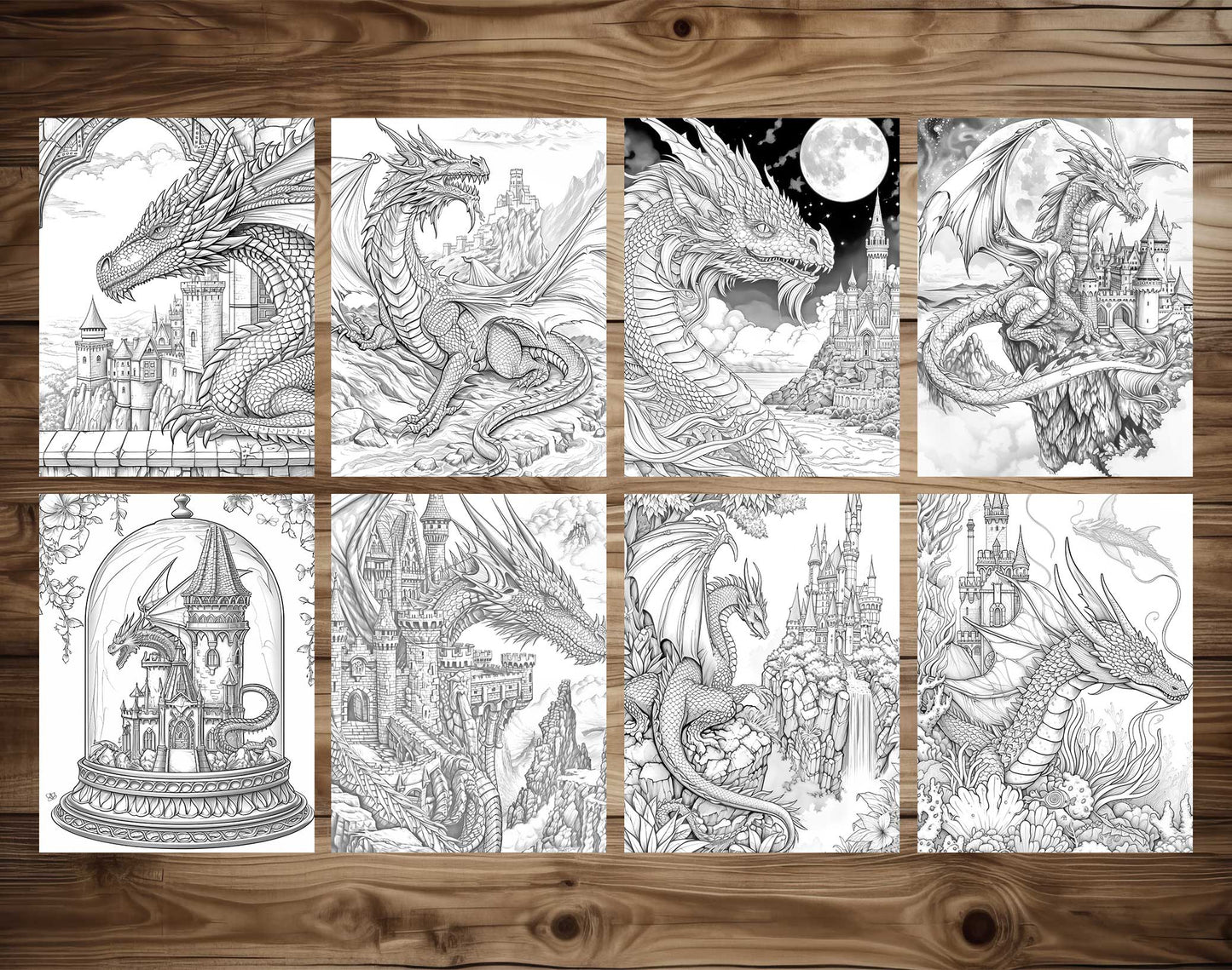 50 Dragon Castle Grayscale Coloring Pages - Instant Download - Printable Dark/Light