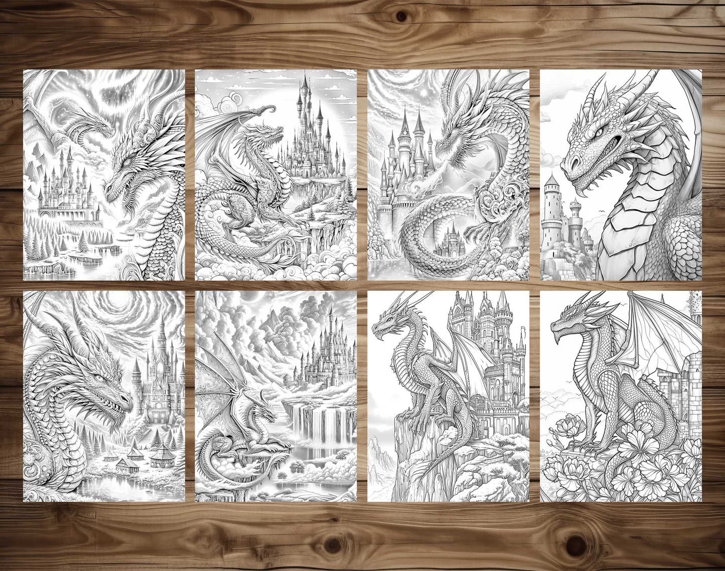 50 Dragon Castle Grayscale Coloring Pages - Instant Download - Printable Dark/Light