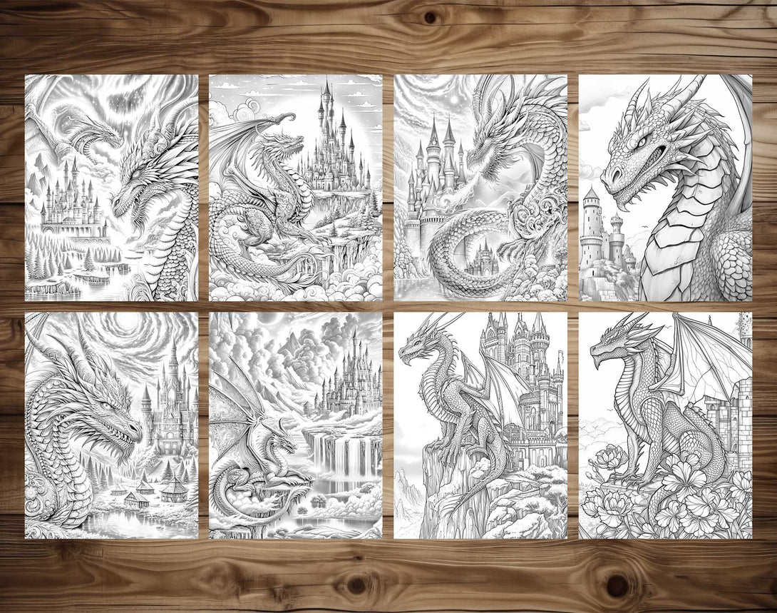 50 Dragon Castle Grayscale Coloring Pages - Instant Download - Printab ...