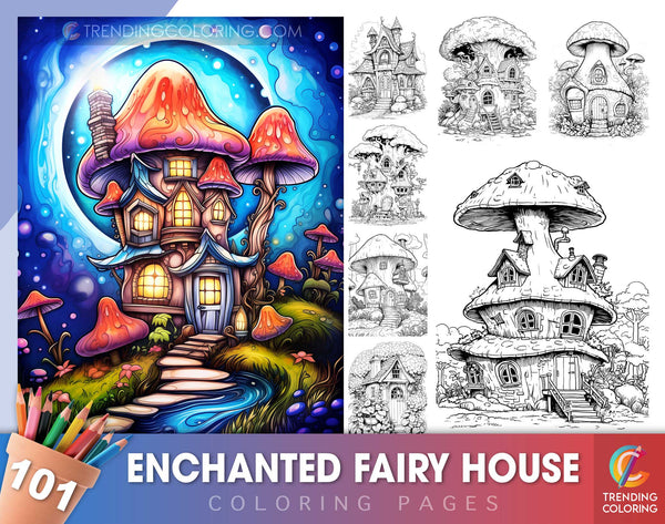 101 Enchanted Fairy House Coloring Pages - Instant Download - Printable