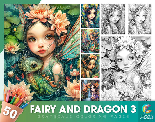 50 Fairy And Dragon 3 Grayscale Coloring Pages - Instant Download - Printable Dark/Light