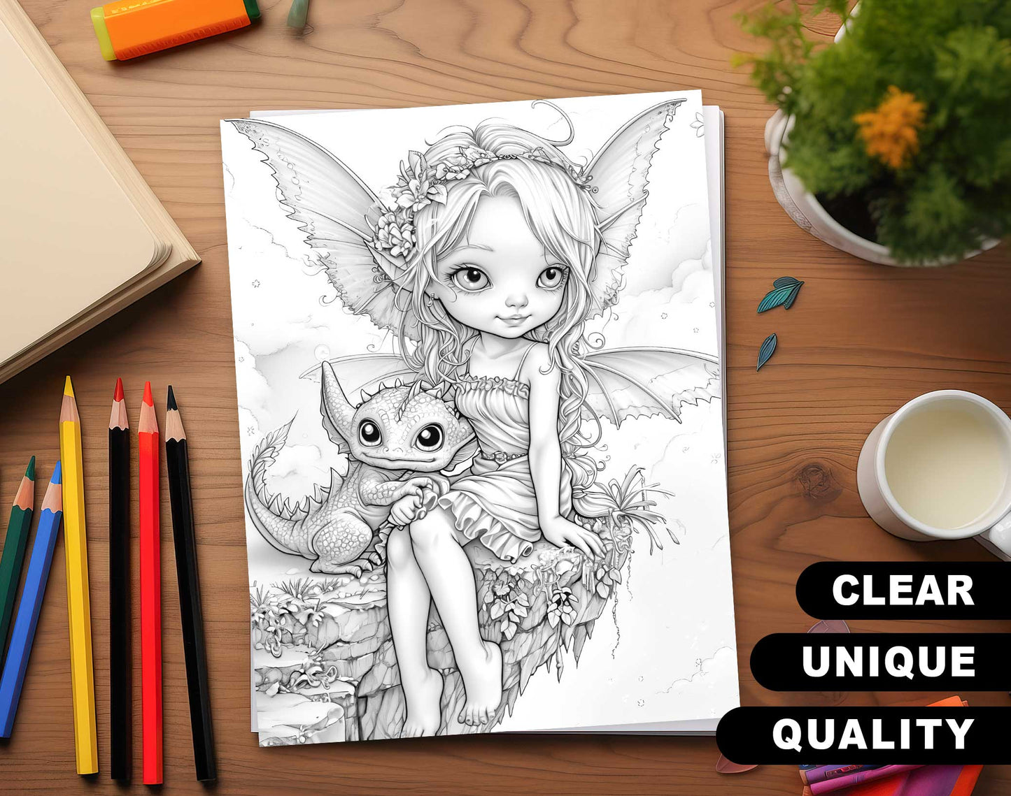50 Fairy And Dragon 3 Grayscale Coloring Pages - Instant Download - Printable PDF Dark/Light