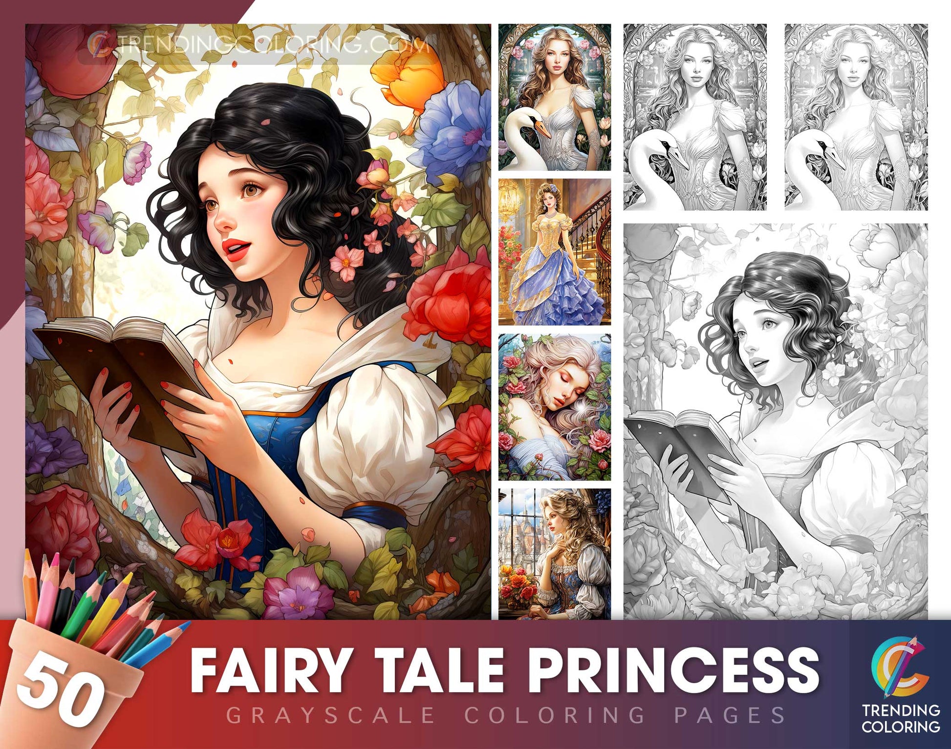 50 Fairy Tale Princess Grayscale Coloring Pages - Instant Download - Printable Dark/Light