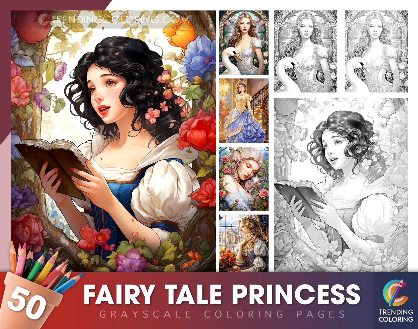 50 Fairy Tale Princess Grayscale Coloring Pages - Instant Download - P ...