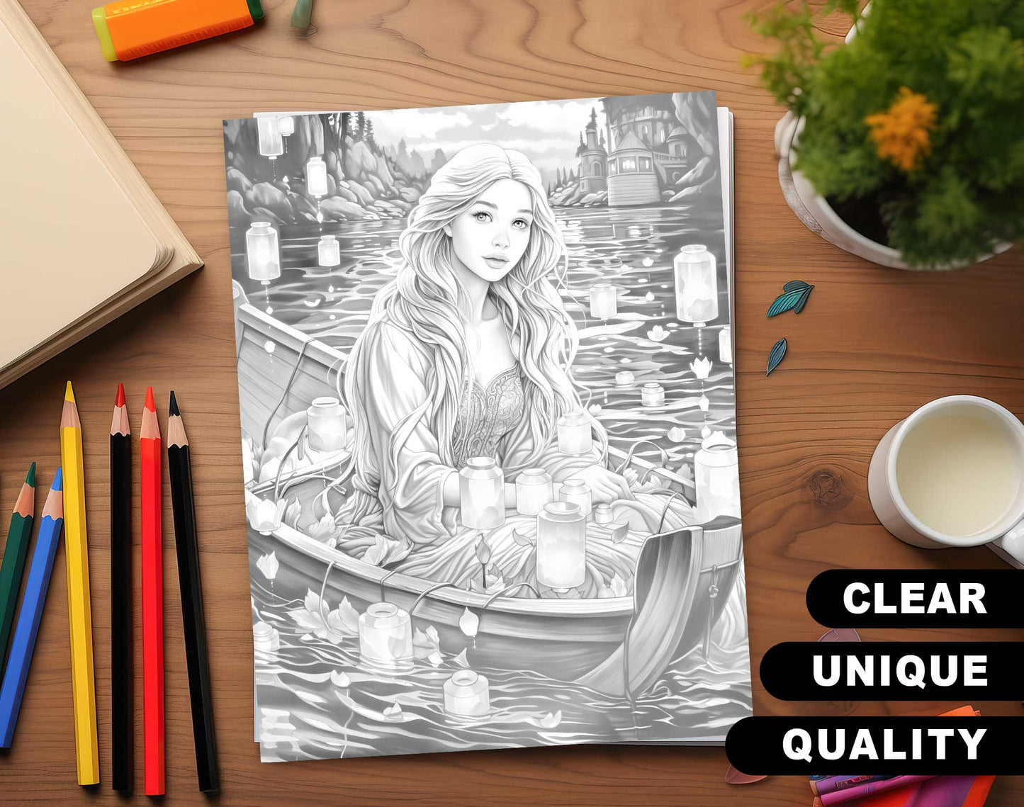 50 Fairy Tale Princess Grayscale Coloring Pages - Instant Download - Printable PDF Dark/Light