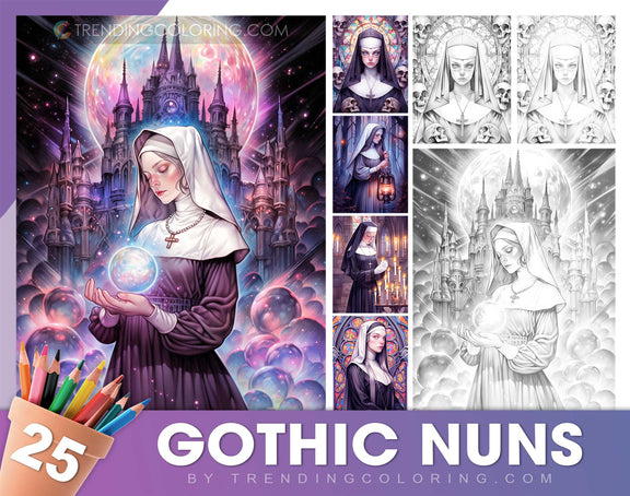 25 Gothic Nuns Grayscale Coloring Pages - Halloween Coloring - Instant ...