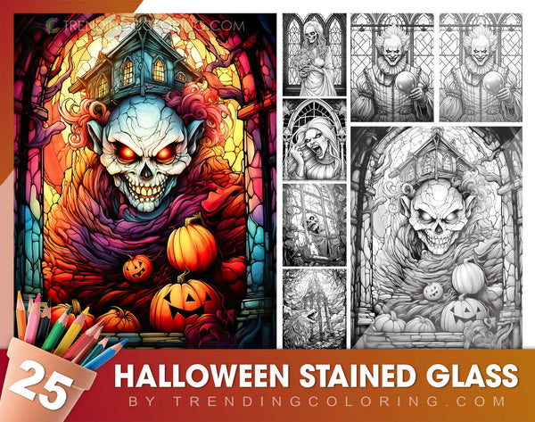 25 Halloween Stained Glass Grayscale Coloring Pages