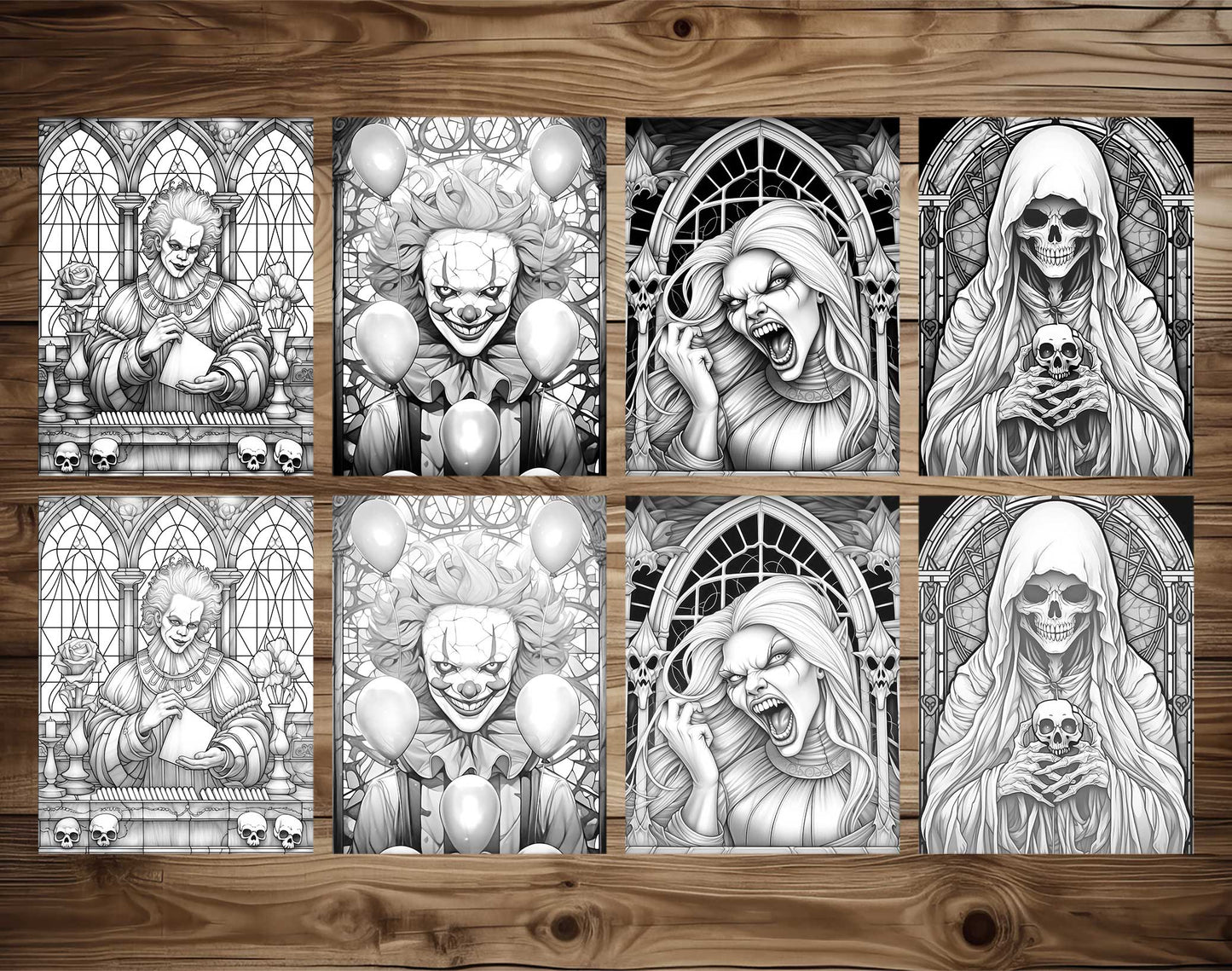 25 Halloween Stained Glass Grayscale Coloring Pages - Instant Download - Printable PDF Dark/Light