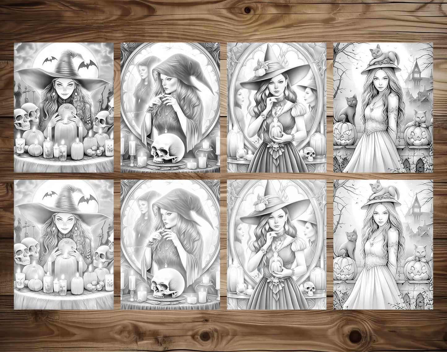 25 Halloween Witches Grayscale Coloring Pages - Halloween Coloring - Instant Download - Printable PDF Dark/Light