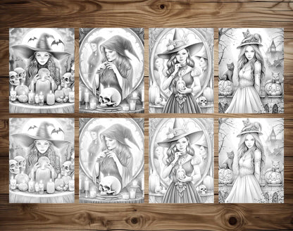 25 Halloween Hexen Graustufen Malvorlagen - Halloween Ausmalen - Sofortiger Download - Druckbare PDF Dunkel/Hell