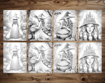 25 Halloween Hexen Graustufen Malvorlagen - Halloween Ausmalen - Sofortiger Download - Druckbare PDF Dunkel/Hell